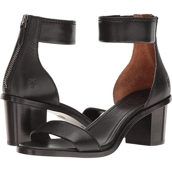 FRYE Brielle Back-Zip Sandal Italian Leather Strap Block Heels Open Toe Black 11 - Picture 1 of 8
